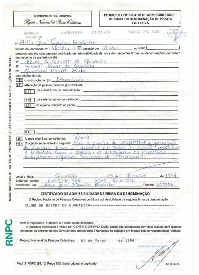certificado de admissibilidade 01 03 1994